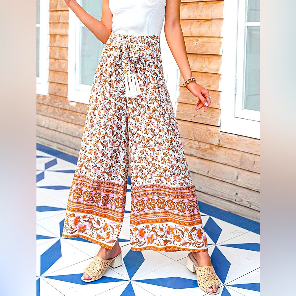‼️SOLD‼️ Women’s Summer Boho Tie Waist Pants Loose Wide Leg Beach Pant w/ Tassel